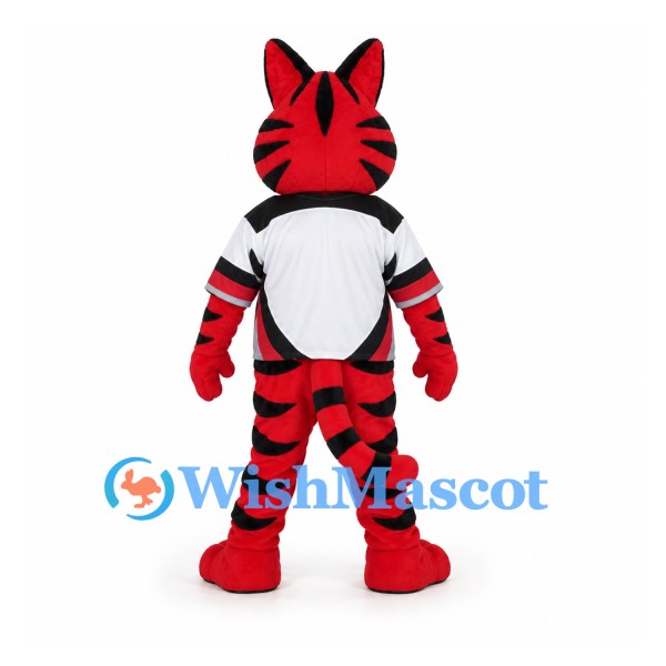 Tiger Mascot Costume in Red and Black with White Sports Shirt