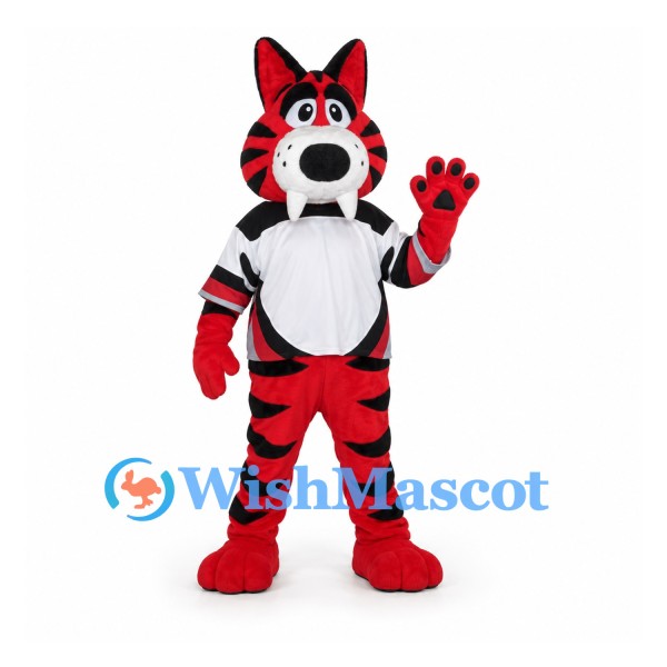 Tiger Mascot Costume in Red and Black with White Sports Shirt