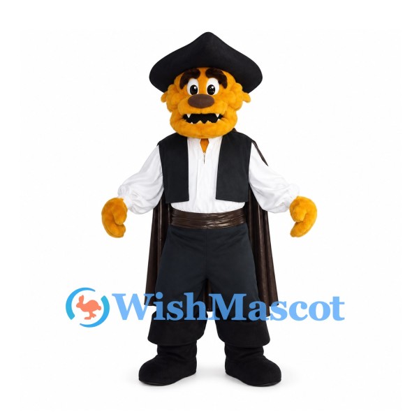 Cat Pirate Mascot Costume with Black Hat and Cape