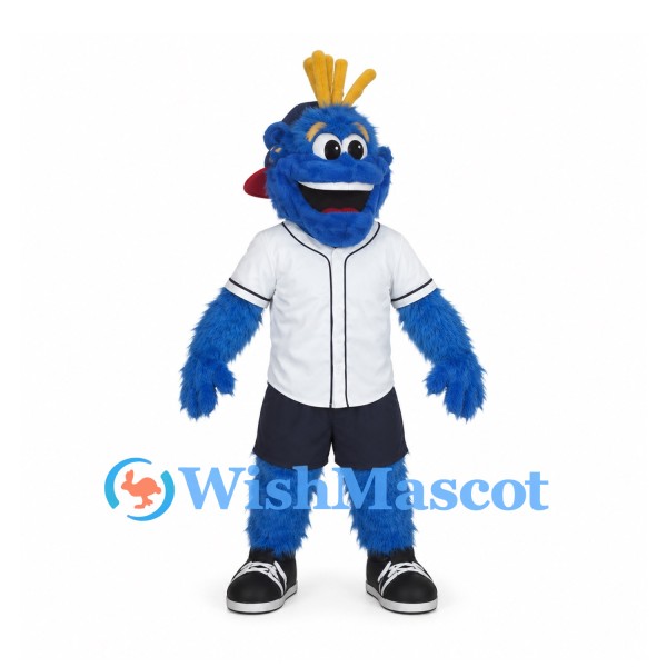 Blue Bird Mascot Costume with Baseball Jersey and Navy Cap