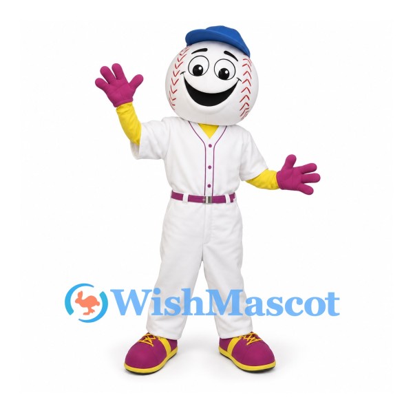 Baseball Mascot Costume with White Uniform and Purple Gloves