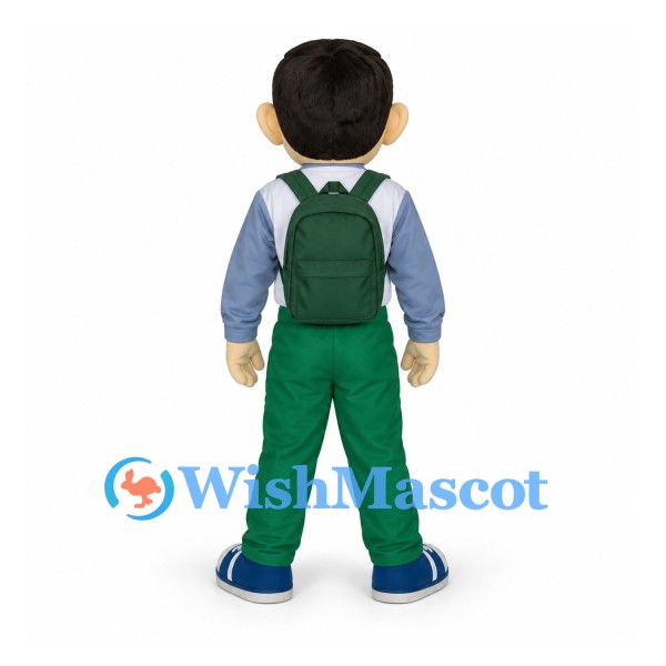 Schoolboy Mascot Costume with Blue Shirt and Green Backpack