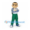 Schoolboy Mascot Costume with Blue Shirt and Green Backpack