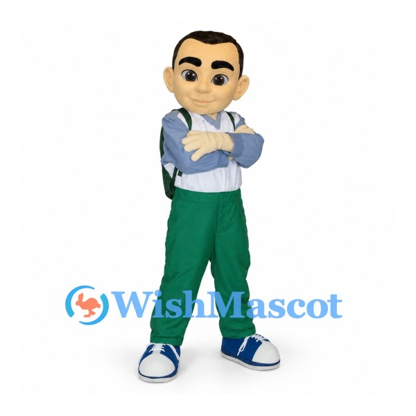 Schoolboy Mascot Costume with Blue Shirt and Green Backpack