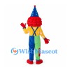 Clown Mascot Costume with Colorful Overalls and Blue Cone Hat