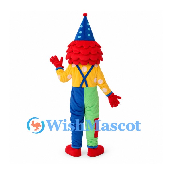 Clown Mascot Costume with Colorful Overalls and Blue Cone Hat
