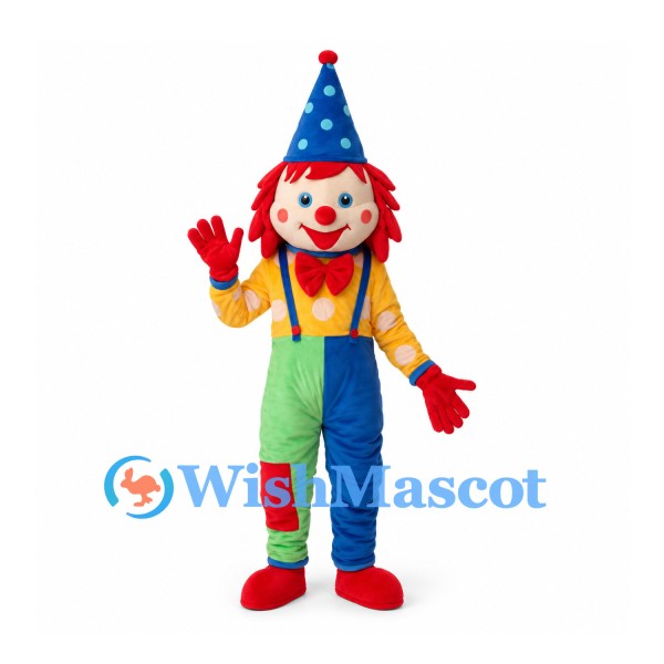 Clown Mascot Costume with Colorful Overalls and Blue Cone Hat