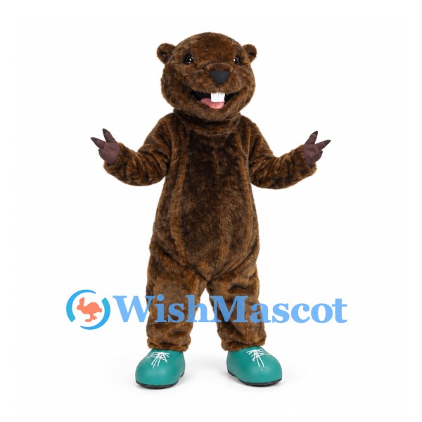 Beaver Mascot Costume in Brown with Broad Tail and Teal Shoes