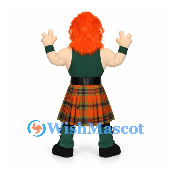 Highland Warrior Mascot Costume with Orange Hair and Tartan Kilt