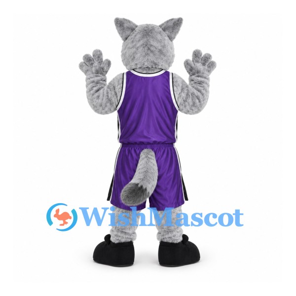 Wolf Mascot Costume with Purple Basketball Uniform