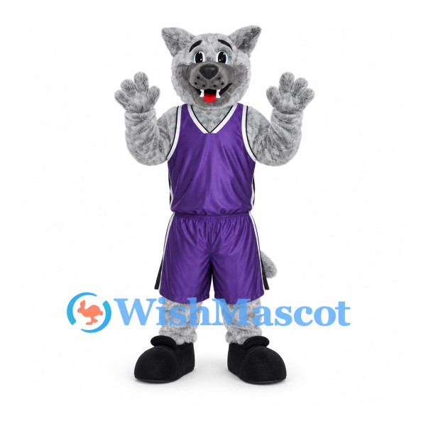 Wolf Mascot Costume with Purple Basketball Uniform