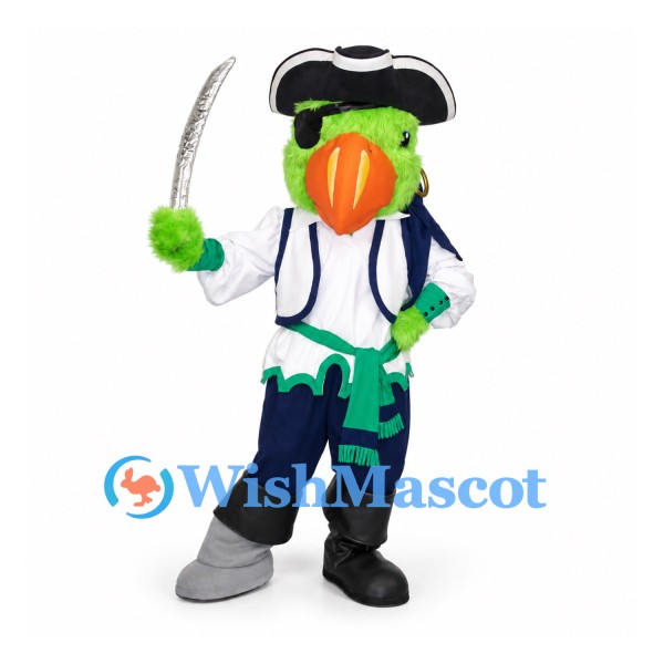 Parrot Pirate Mascot Costume with Black Tricorn Hat and White Shirt