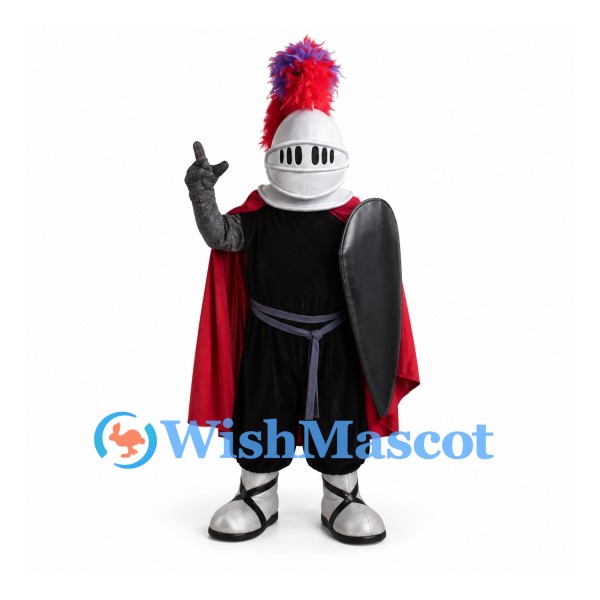 Knight Mascot Costume with Silver Helmet and Red Cape