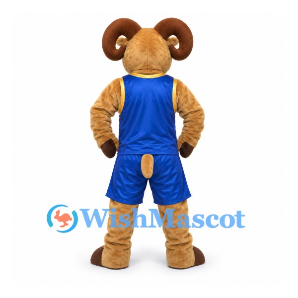Ram Mascot Costume with Blue Basketball Uniform