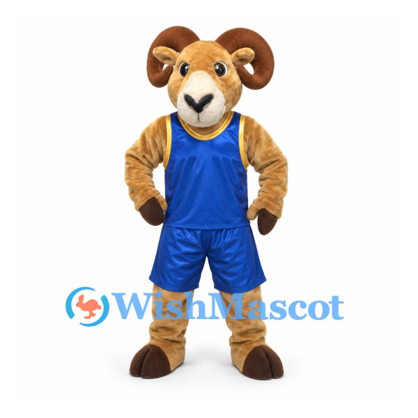 Ram Mascot Costume with Blue Basketball Uniform