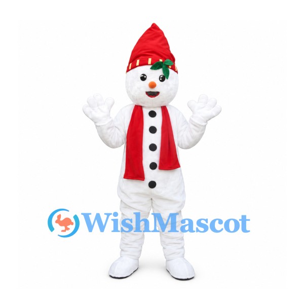 Snowman Mascot Costume with Red Knit Hat and Scarf