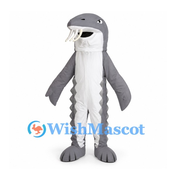 Shark Mascot Costume in Gray with White Belly and Long Snout