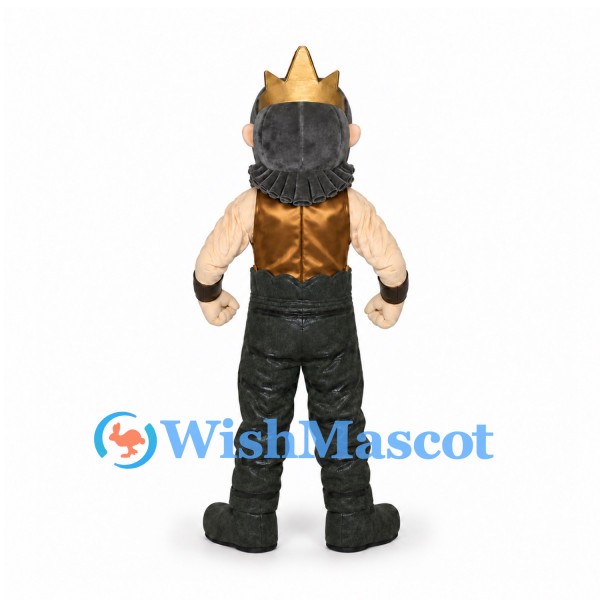 King Mascot Costume with Gold Crown and Brown Armor