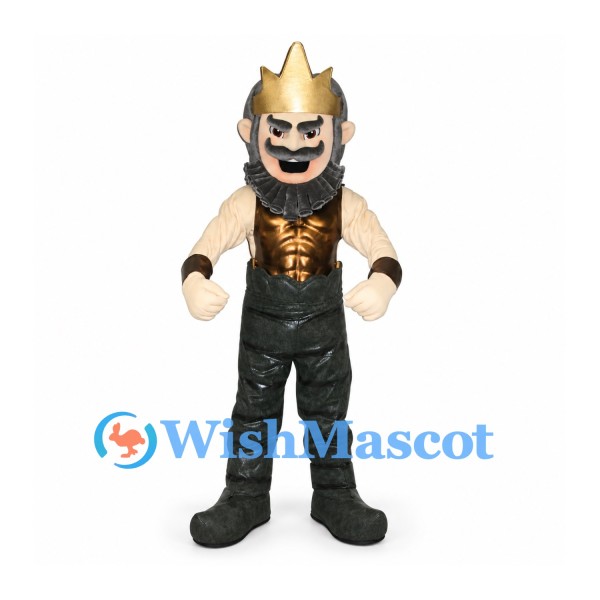King Mascot Costume with Gold Crown and Brown Armor
