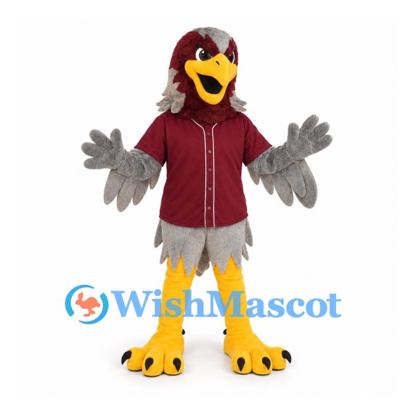 Eagle Mascot Costume with Burgundy Jersey and Gray Wings