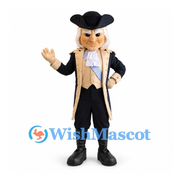 Colonial Gentleman Mascot Costume with Black Tricorn Hat and Tailcoat