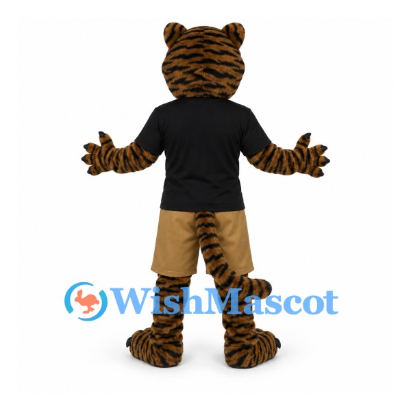 Tiger Mascot Costume with Black Shirt and Tan Shorts