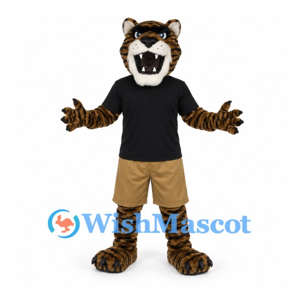Tiger Mascot Costume with Black Shirt and Tan Shorts