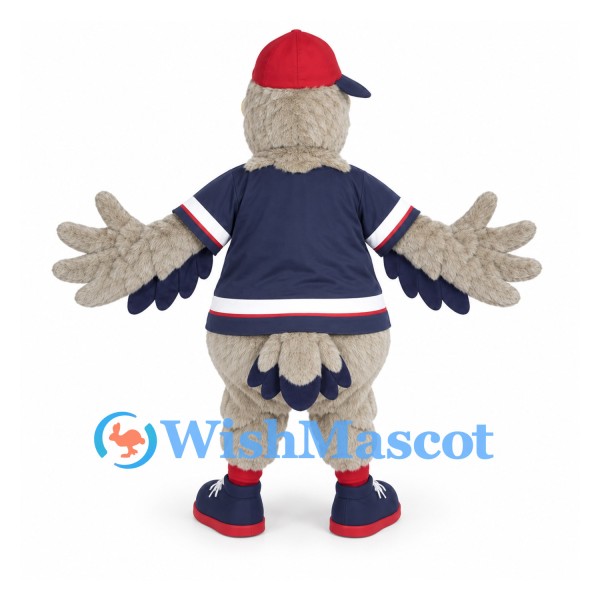 Bird Mascot Costume with Navy Hockey Jersey and Red Cap