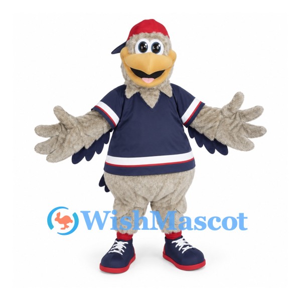 Bird Mascot Costume with Navy Hockey Jersey and Red Cap