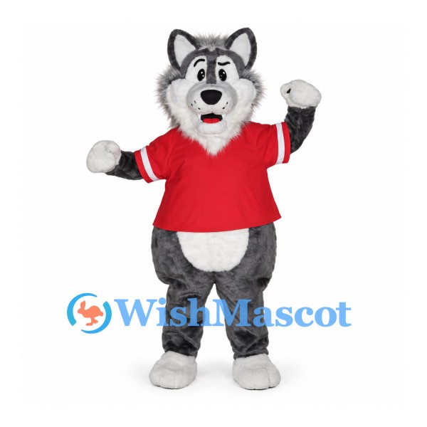 Wolf Mascot Costume with Red Shirt and Shoulder Pads