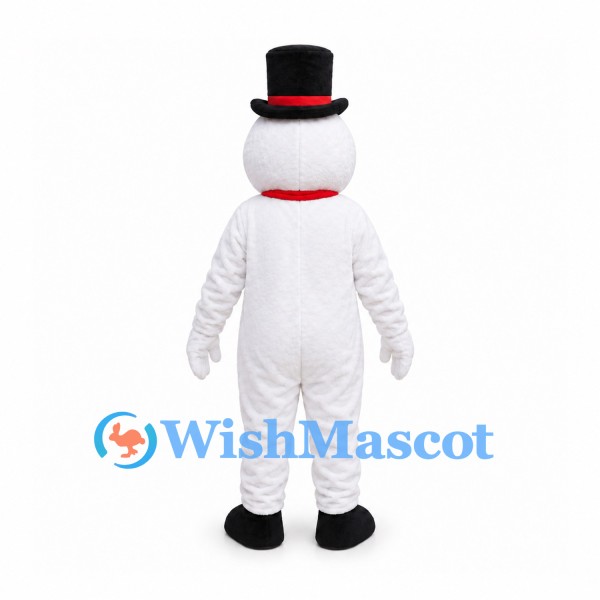 Snowman Mascot Costume with Black Top Hat and Red Scarf