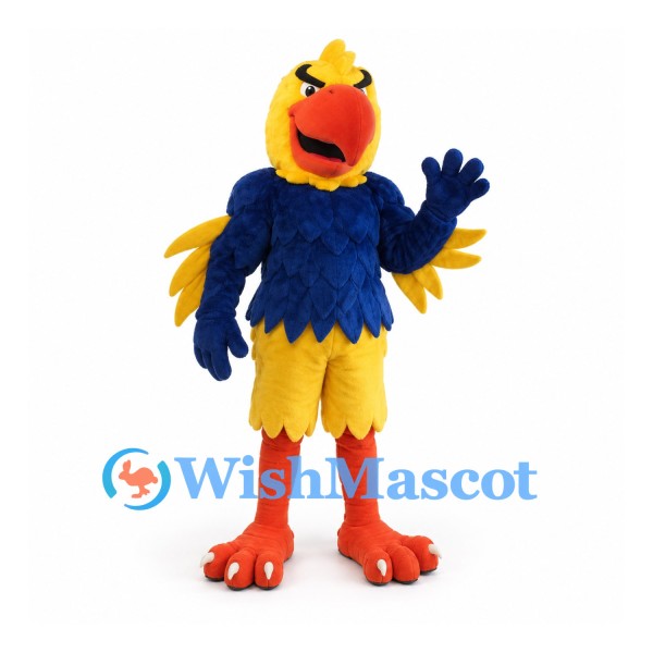 Parrot Mascot Costume in Yellow with Layered Navy Feathers