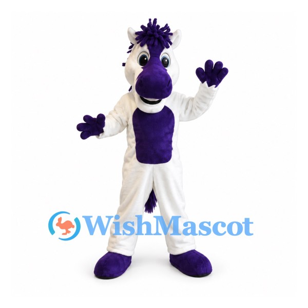 Horse Mascot Costume in White with Purple Mane and Belly