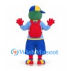 Turtle Schoolboy Mascot Costume with Blue Outfit and Red Backpack