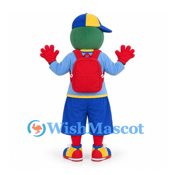 Turtle Schoolboy Mascot Costume with Blue Outfit and Red Backpack