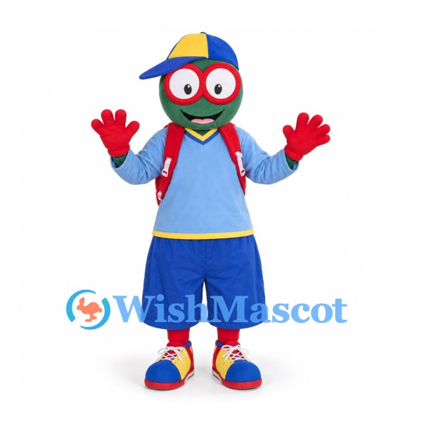 Turtle Schoolboy Mascot Costume with Blue Outfit and Red Backpack