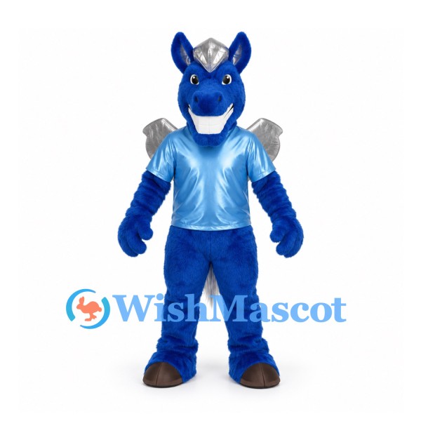 Horse Knight Mascot Costume in Blue with Silver Armor