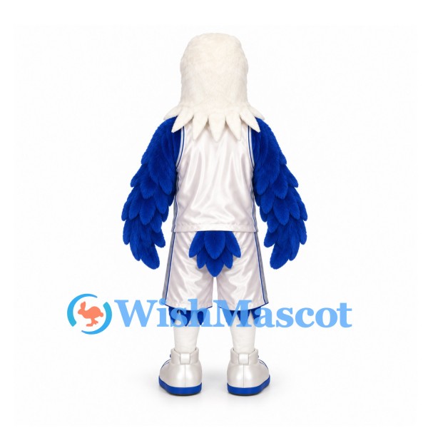 Bald Eagle Mascot Costume with Blue Wings and Silver Sports Uniform