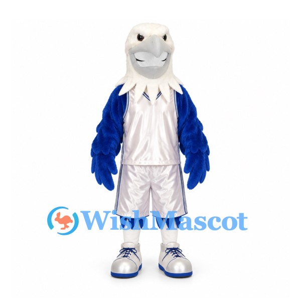 Bald Eagle Mascot Costume with Blue Wings and Silver Sports Uniform