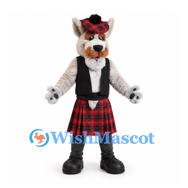 Scottish Terrier Mascot Costume with Black Vest and Red Tartan Kilt