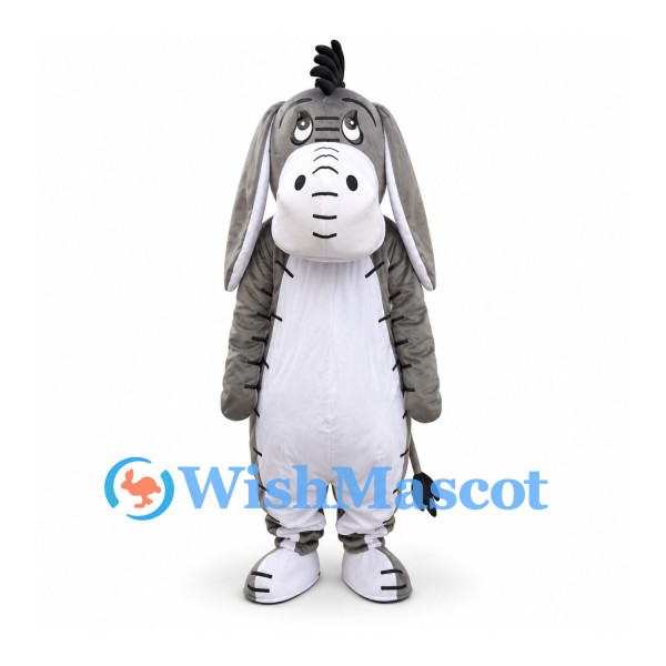 Donkey Mascot Costume in Gray with Black Mane and Stitched Face