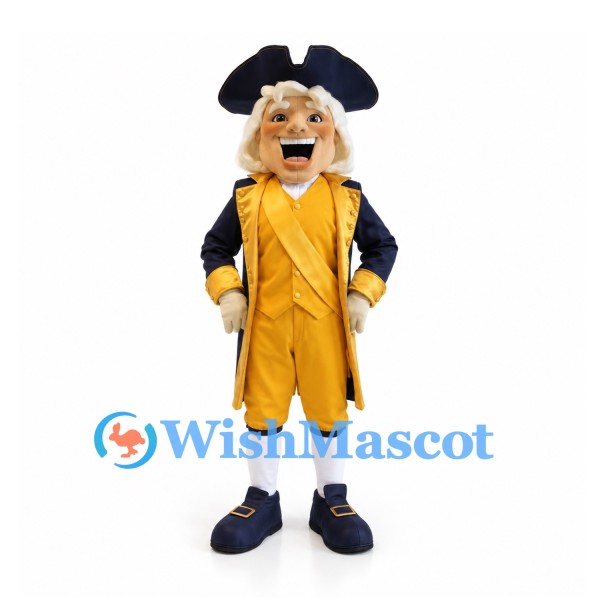 Colonial Officer Mascot Costume with Navy Coat and Gold Waistcoat