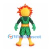 Fire Spirit Mascot Costume with Flame Hair and Green Sports Outfit