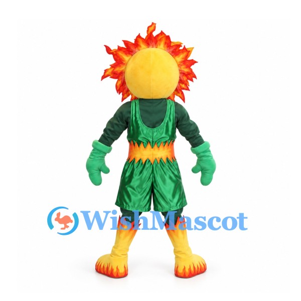 Fire Spirit Mascot Costume with Flame Hair and Green Sports Outfit