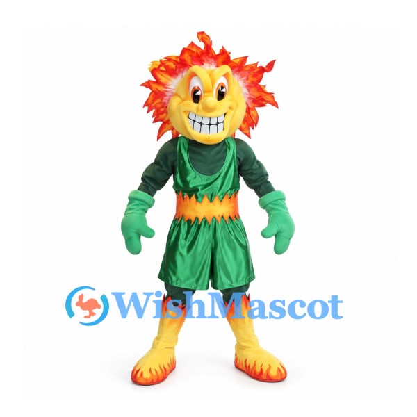 Fire Spirit Mascot Costume with Flame Hair and Green Sports Outfit