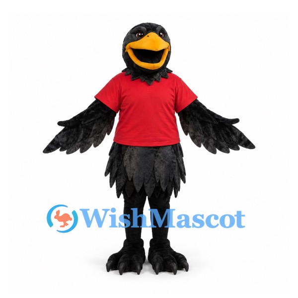 Crow Mascot Costume with Red Shirt and Black Feathers