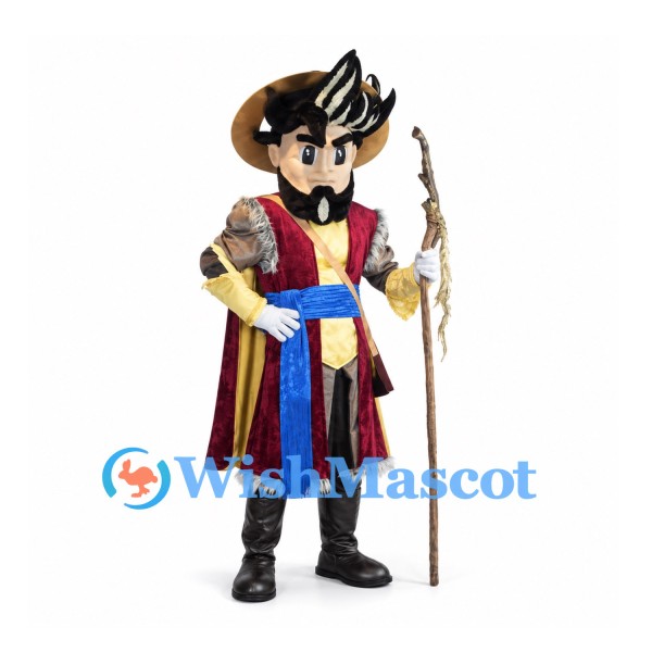 Pirate Mascot Costume with Burgundy Coat and Feathered Hat