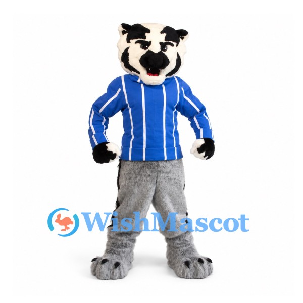 Raccoon Mascot Costume with Blue Striped Jersey and Gray Body