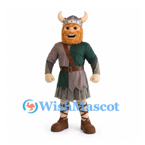 Viking Mascot Costume with Horned Helmet and Green Tunic