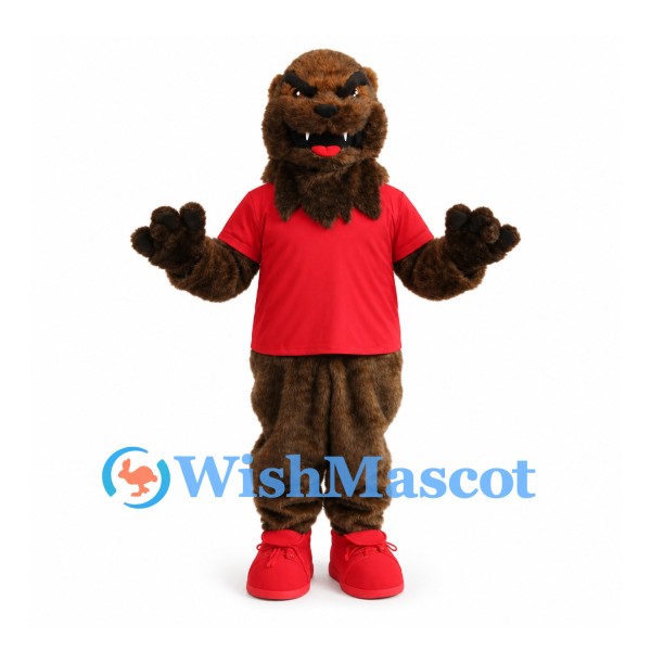 Bear Mascot Costume in Brown with Red Shirt